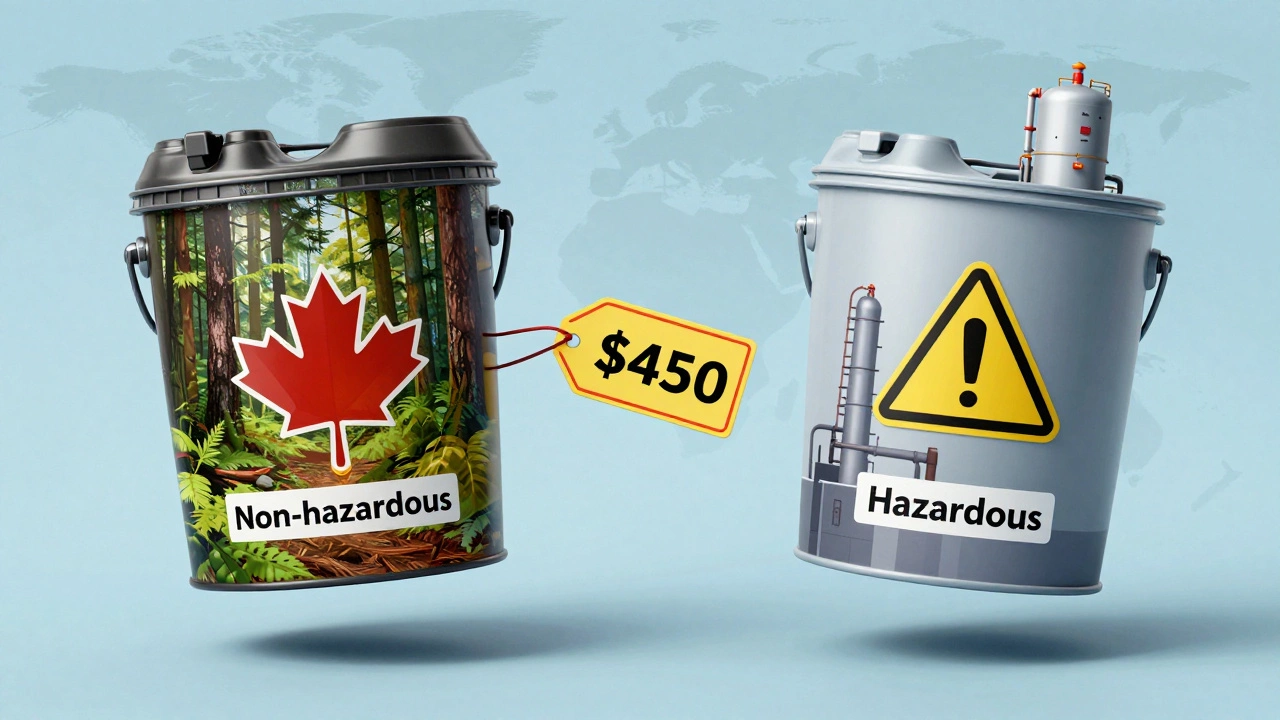 A 5-gallon bucket suspended between two contrasting environments representing non-hazardous and hazardous shipping.