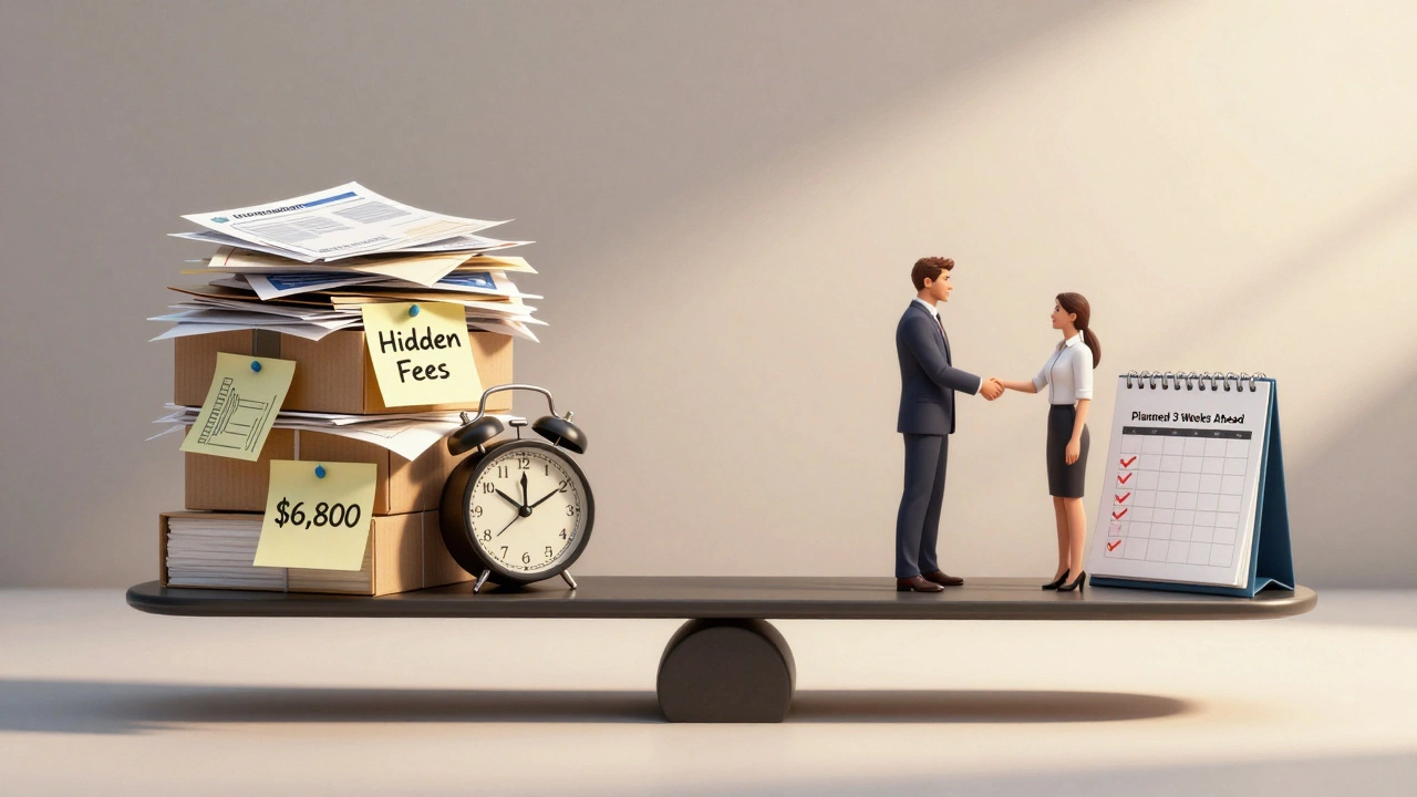 A balanced scale contrasting chaotic shipping costs with an organized, planned logistics process under golden light.