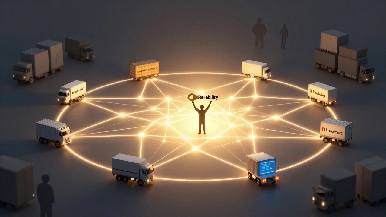 A central figure holding a 'Reliability' key, connected by glowing networks to logistics systems, while shadowy truck stacks fade away.