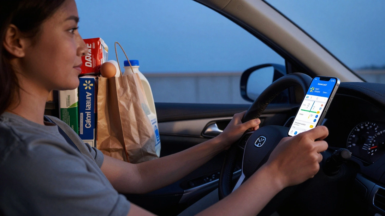A driver’s smartphone shows the Walmart Spark app with a delivery route while grocery bags sit in the backseat.