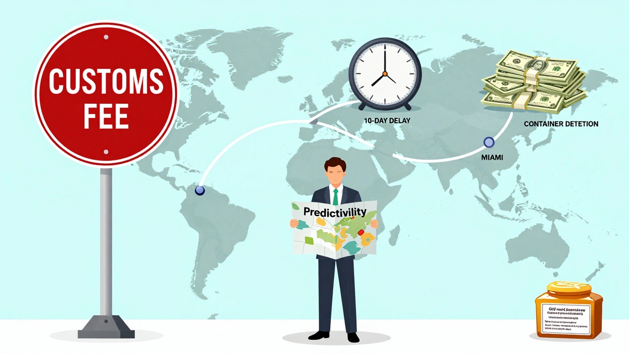 A global shipping route with hidden fees and delays marked along the path, centered by a calm forwarder holding a map of predictability.