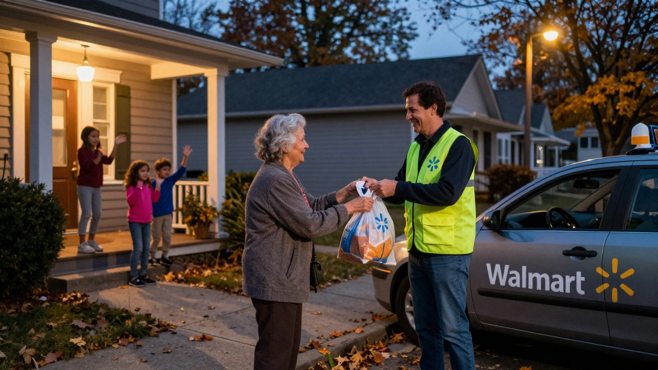 A Spark driver hands groceries to an elderly customer on her porch as children wave from behind.