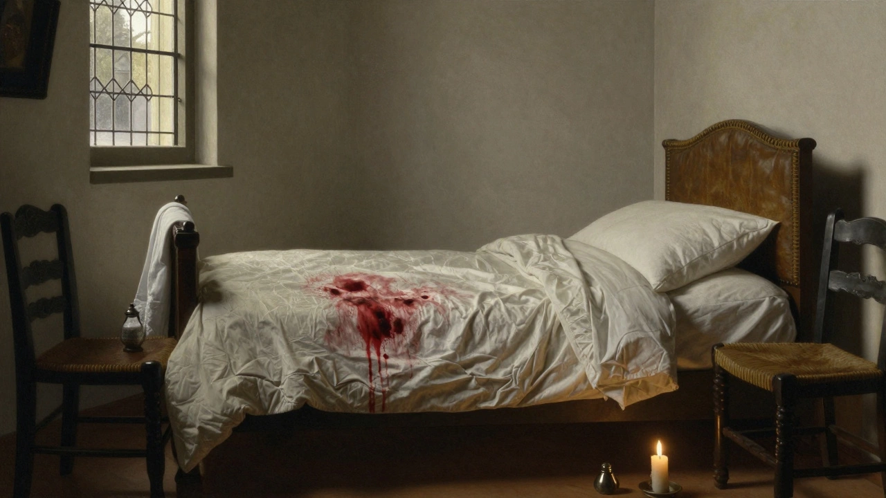 A symbolic blood-stained sheet on a bed with ritual objects — salt, candle, and empty chairs — in a quiet historical chamber.