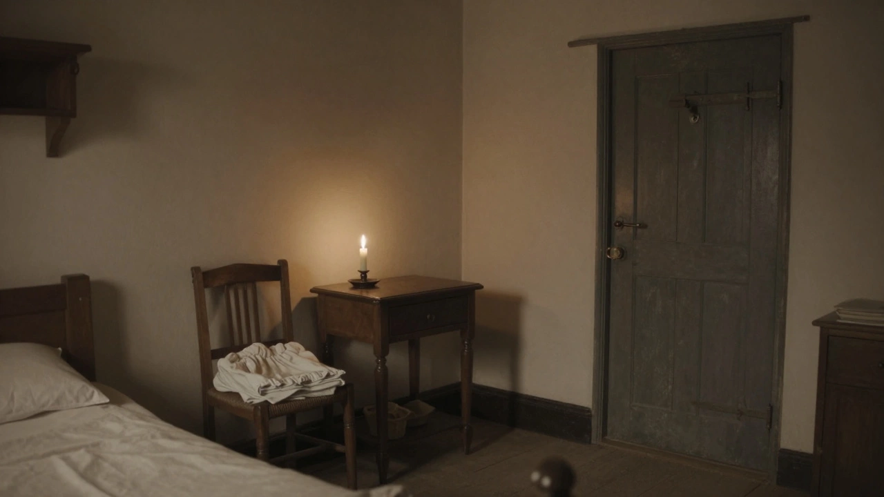 An empty marital room in 1834 Devon, with a flickering candle and locked door, marking the last recorded bedding ceremony.