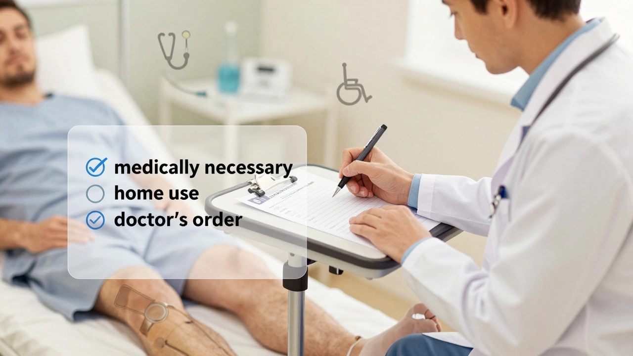 Doctor writing a prescription for an over bed table with patient beside them.