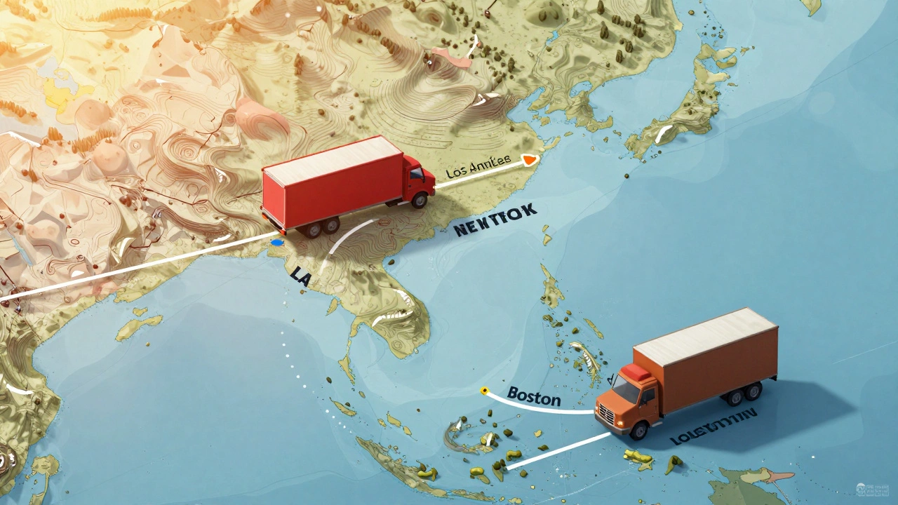 Illustrated map of shipping routes from New York to Los Angeles and Boston with delivery trucks.