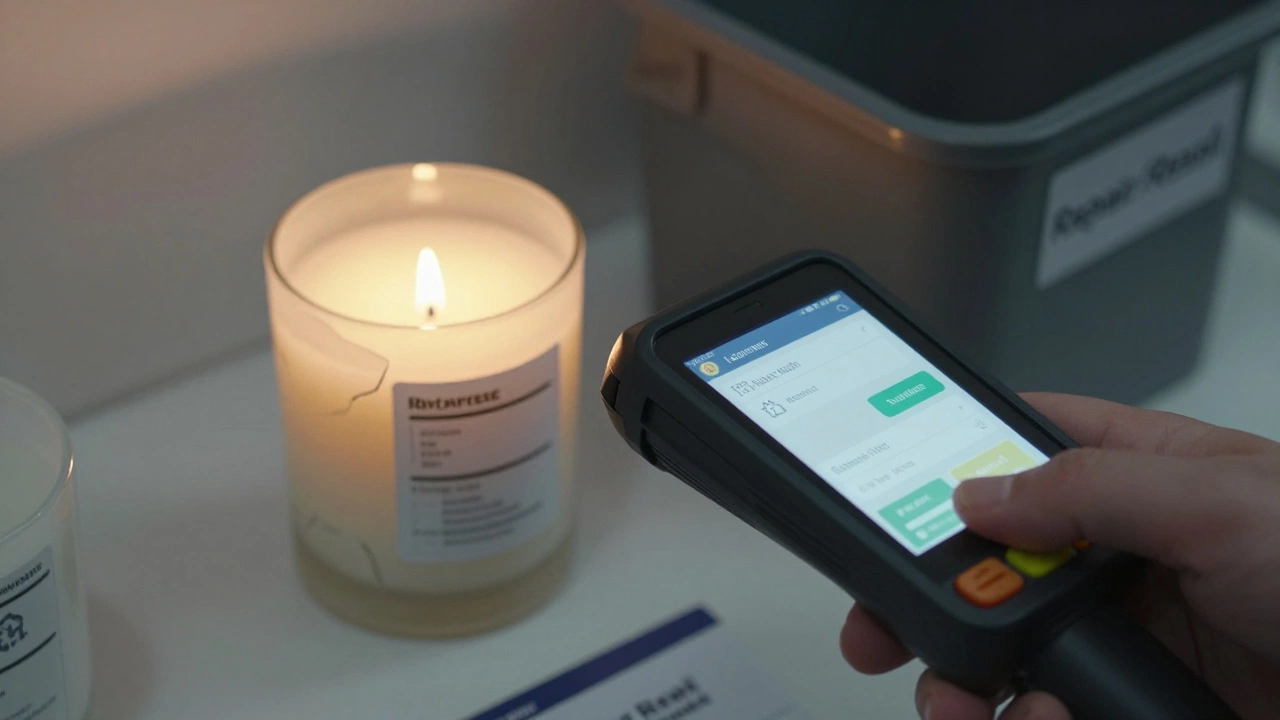 Returned candle being scanned at a reverse logistics station with digital refund labels.