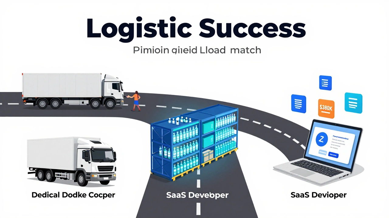 Three pathways to logistics success: broker connecting with trucker, medical courier in cold chain warehouse, and SaaS developer with revenue icons.