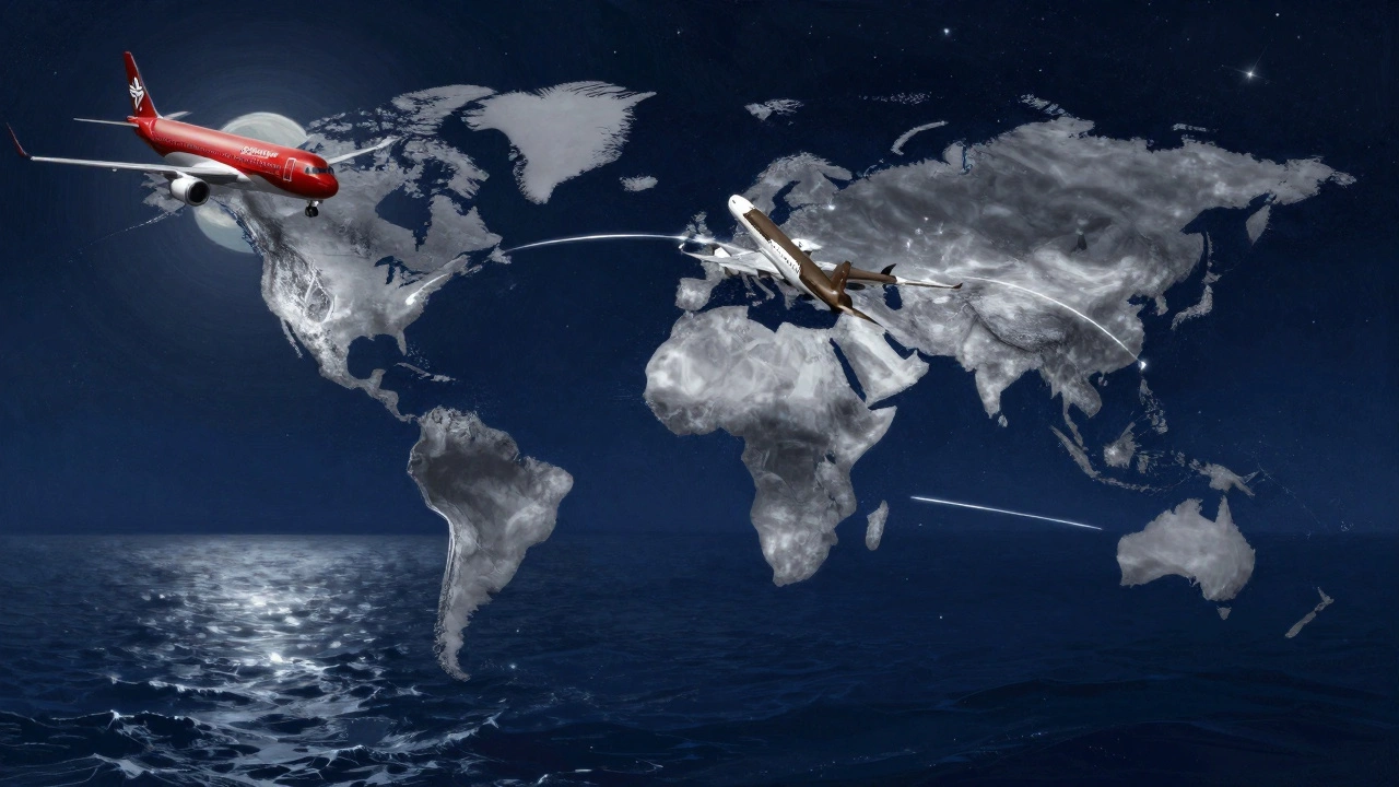 Two airplanes flying over the Pacific Ocean from New Zealand to Los Angeles.