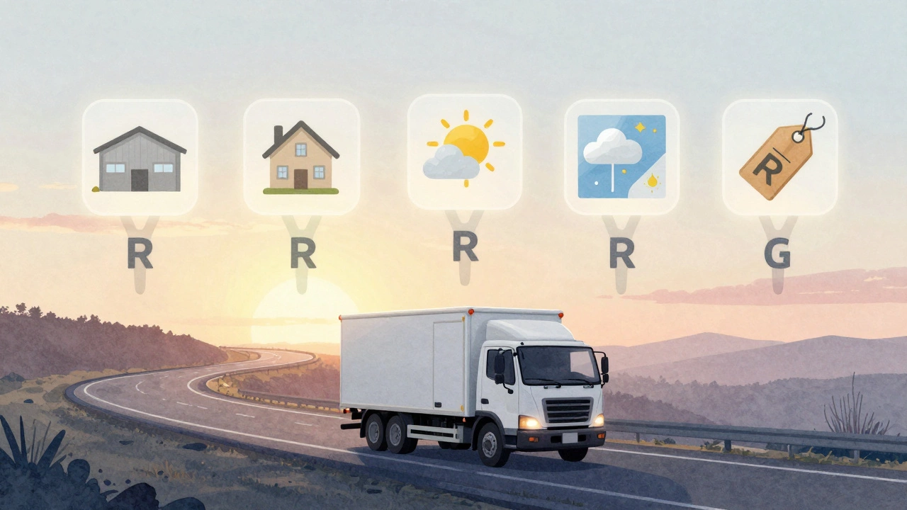 A delivery truck on a road with seven glowing icons representing the 7 R's of logistics above it.