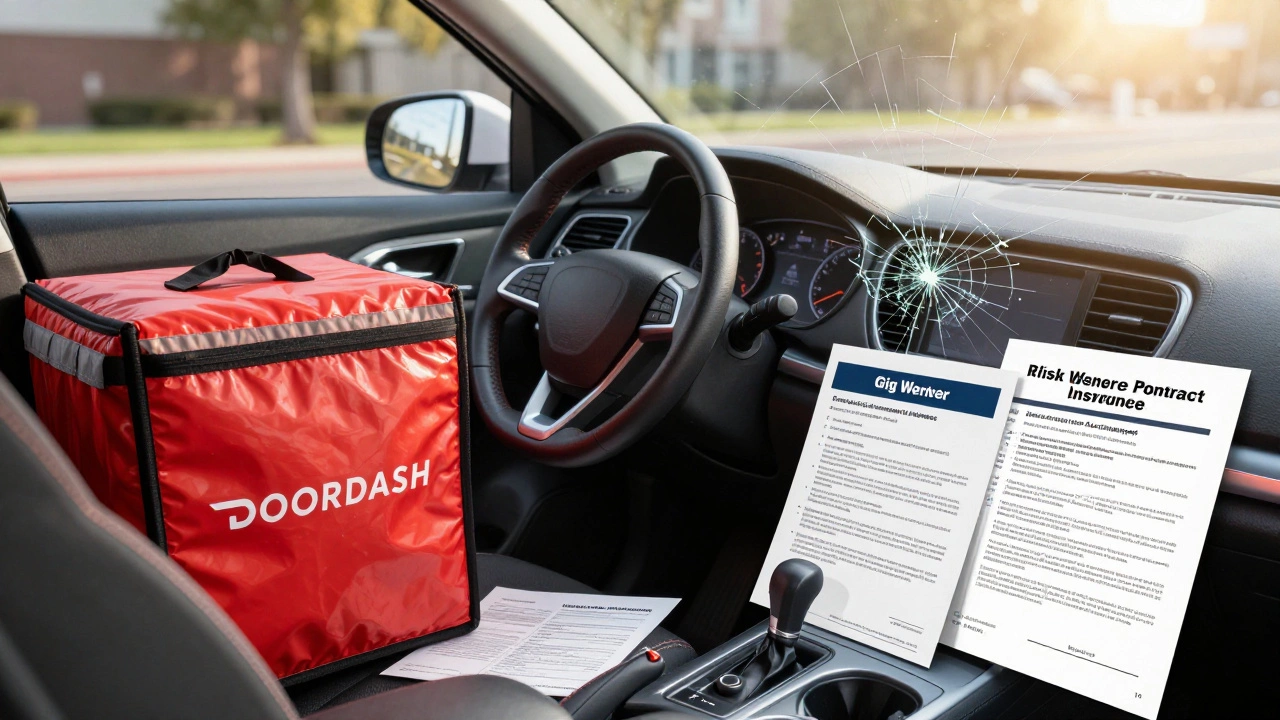 A driver's dashboard with cracked windshield, delivery bag spilled, personal and gig insurance documents side by side.