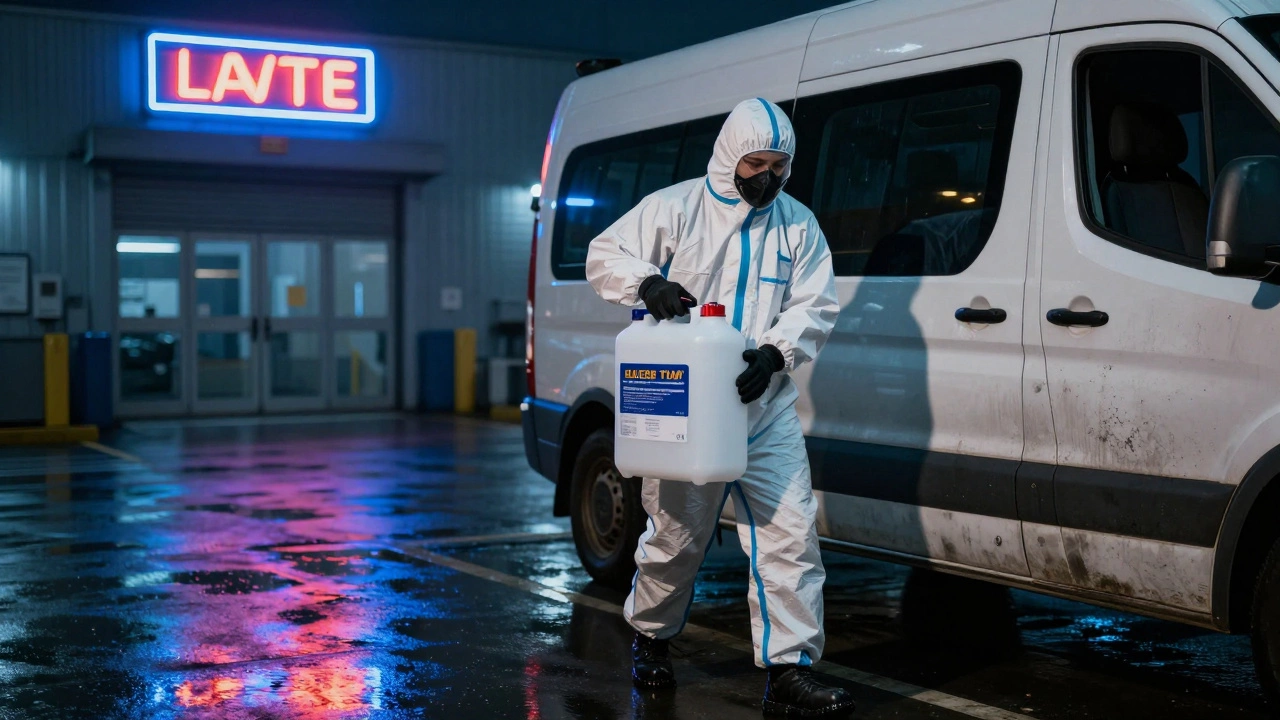 A hazmat driver in protective gear transferring a chemical container at night under neon lights.