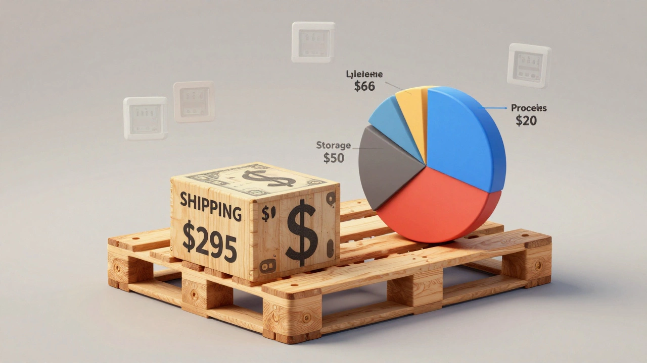 A pallet visually breaking down into cost components: shipping, storage, fees, and processing charges.