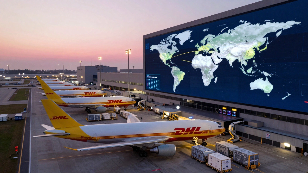 Aerial view of global air cargo hub with dozens of aircraft under dawn sky.