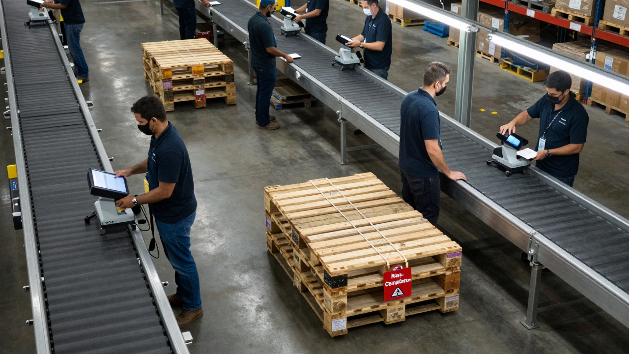 An Amazon warehouse aisle with pallets being scanned, one marked with a non-compliance warning tag.