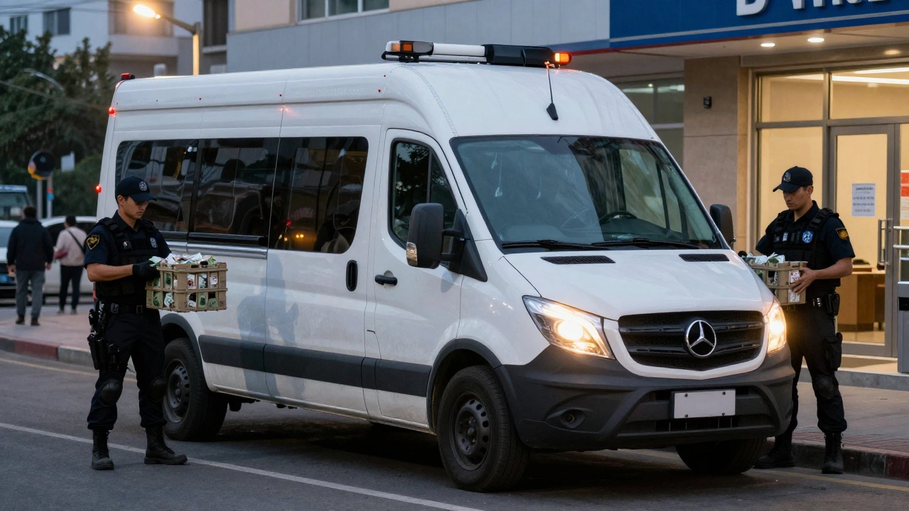 An armored car at dawn with guards loading cash crates outside a bank under streetlights.