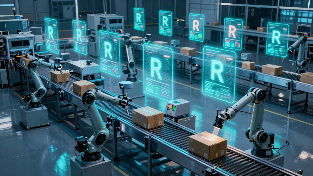 An automated fulfillment center at night with conveyor belts and holographic logistics checkpoints above.