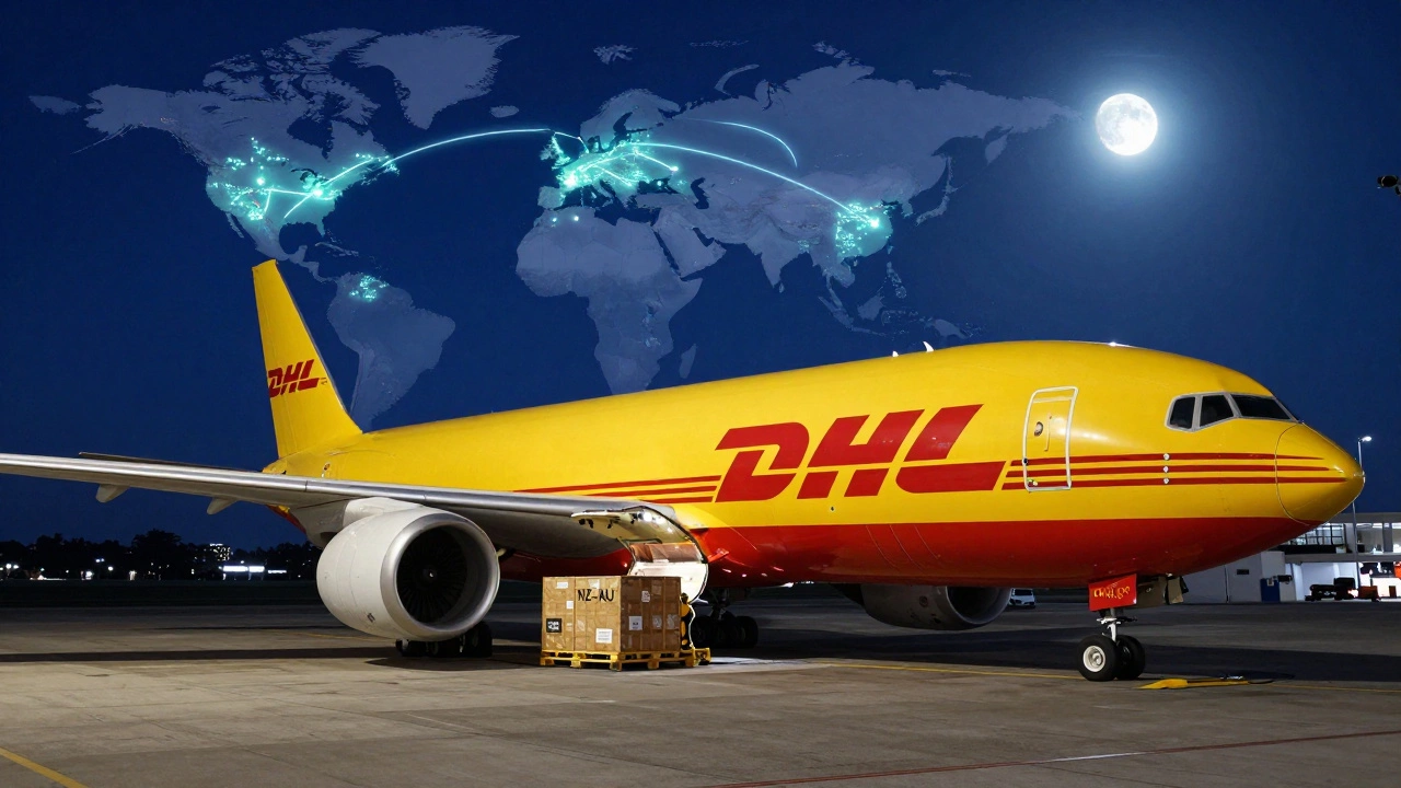 DHL cargo plane loading international pallet at Auckland airport under moonlight, global flight paths glowing.