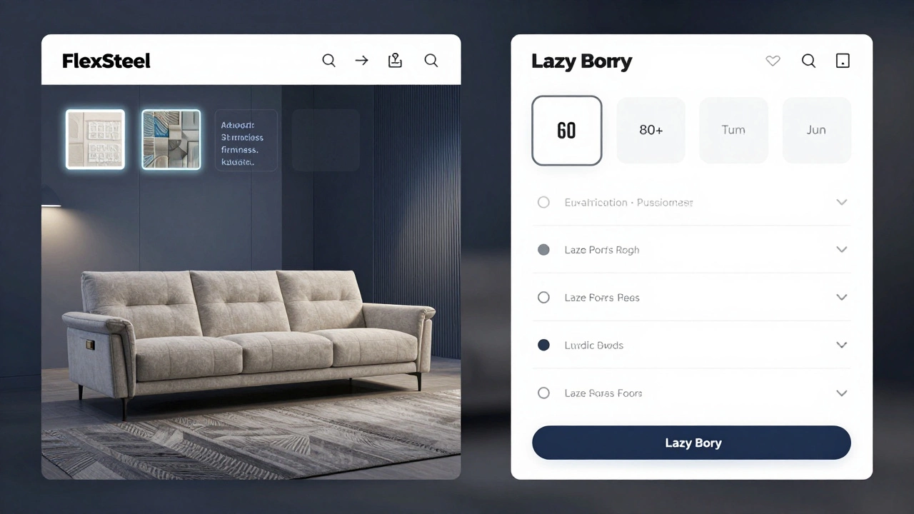 Digital interface displaying FlexSteel’s customizable sofa options with fabric swatches.