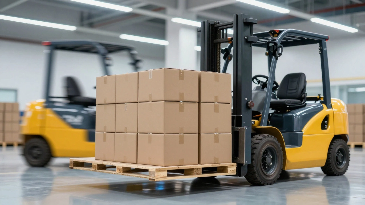 Forklift with push-pull attachment lifting cardboard slip sheet load.