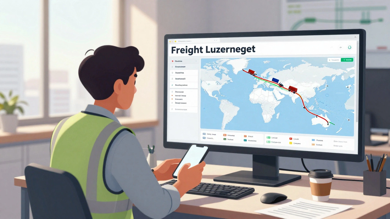 Freight coordinator analyzing global shipping routes on digital dashboards in an office.
