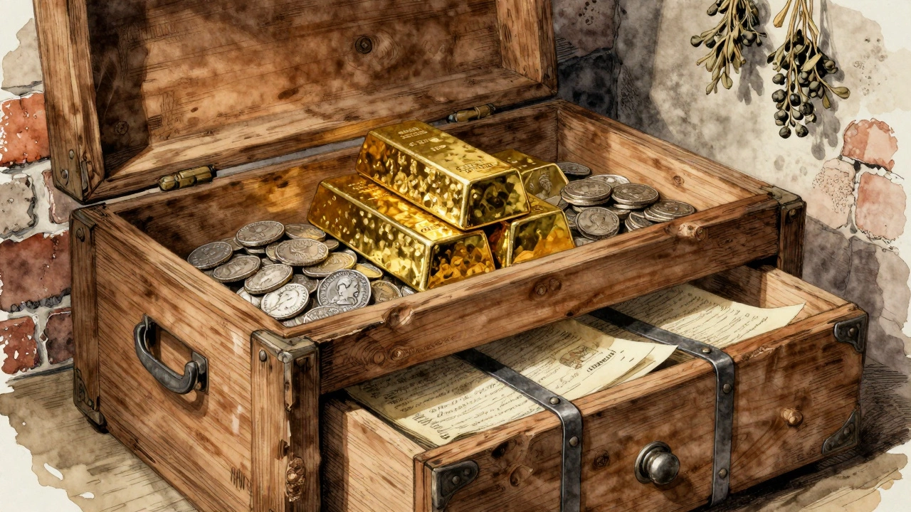 Hidden gold bars and vintage coins in frontier-era storage