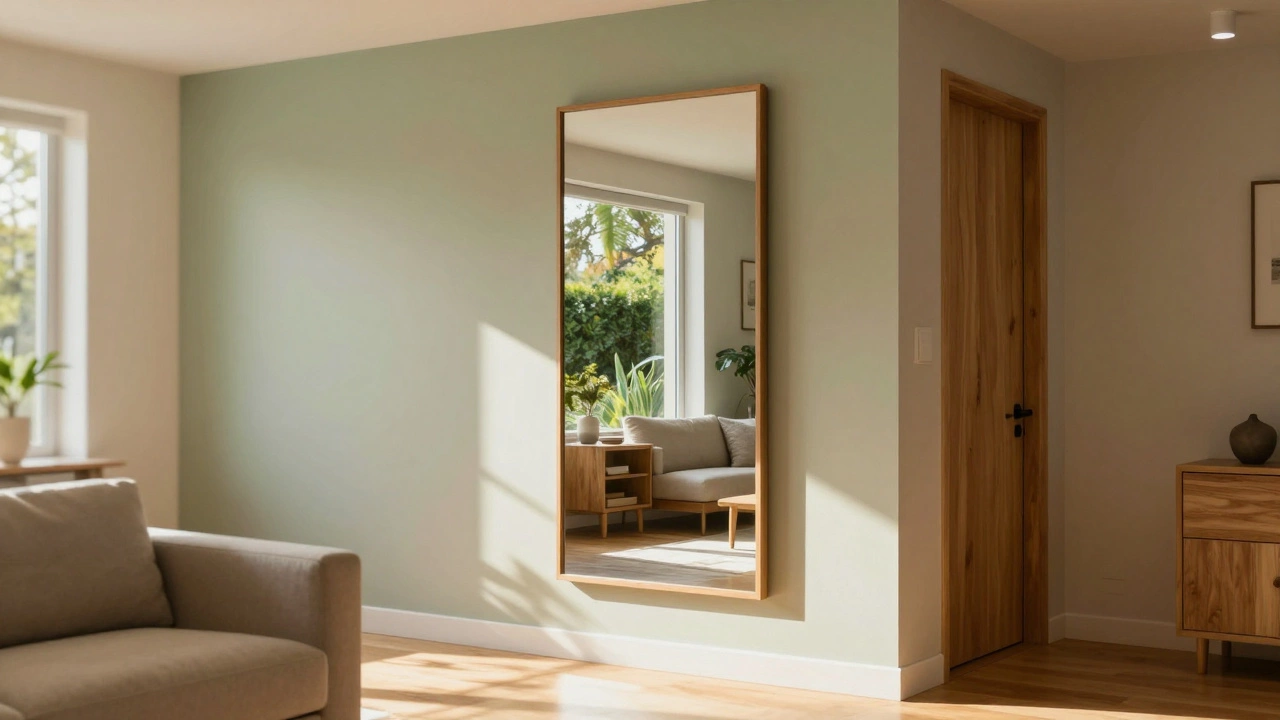 Living room with strategically placed wall mirror reflecting garden view