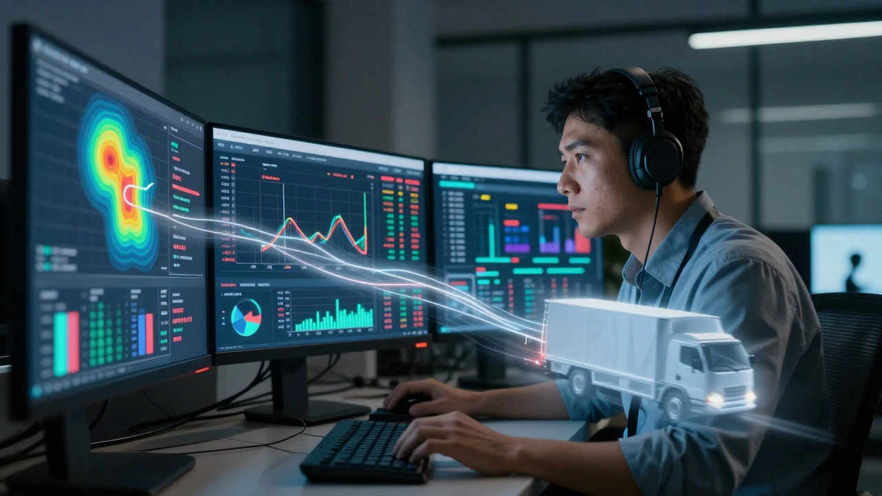Logistics analyst studying delivery data on multiple monitors in a dimly lit room.