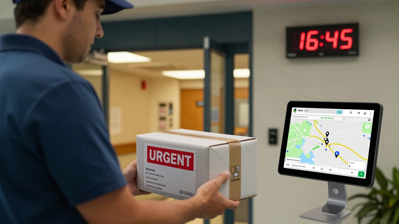Medical courier delivering urgent package to hospital entrance with real-time tracking tablet visible.