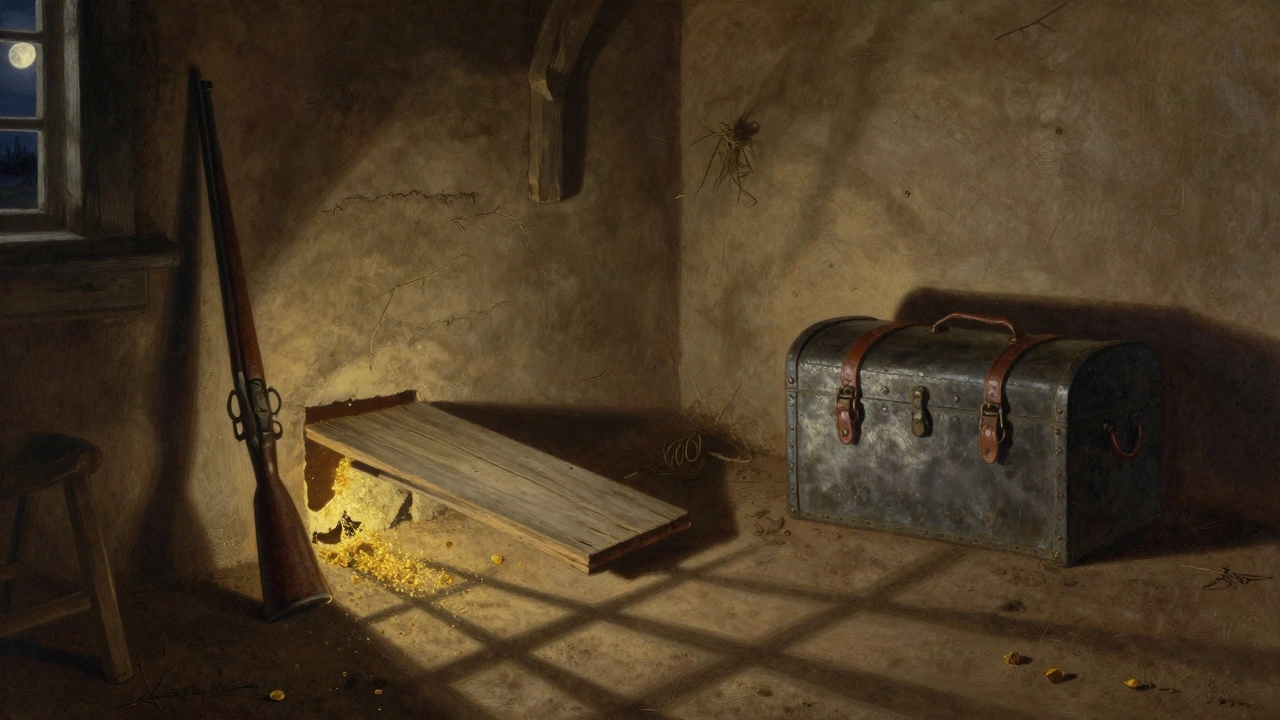 Moonlit cabin with secret compartment containing gold dust