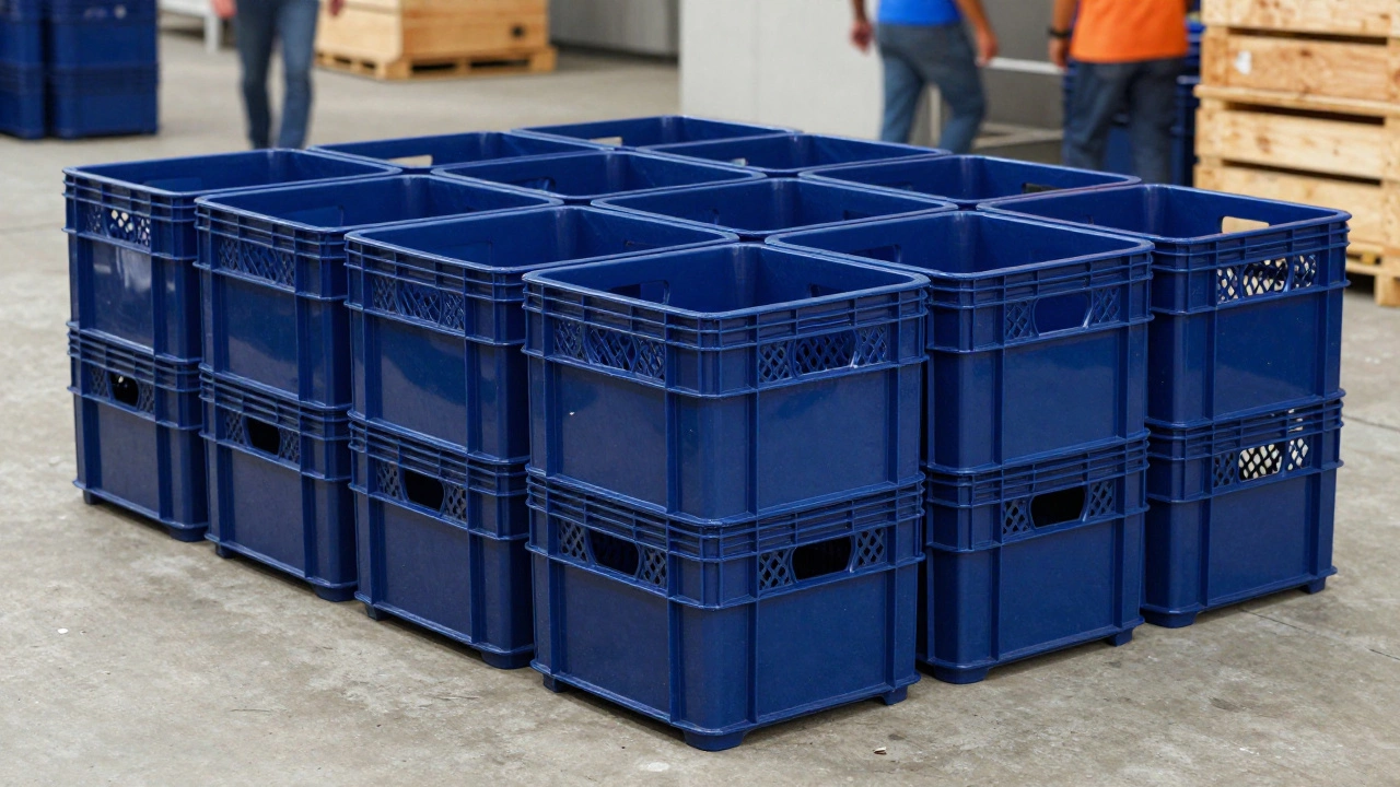 Pristine navy blue plastic returnable crates arranged in a grid.