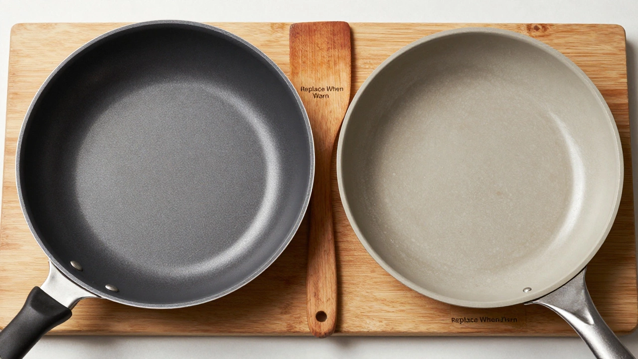 Side-by-side of intact non-stick pan and flaking ceramic pan on wooden board with spatula.