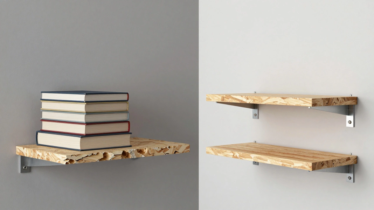 Split image: left shows sagging MDF, right shows sturdy OSB shelf under heavy load.