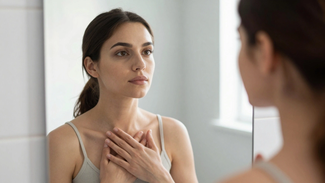 Woman looking into mirror during morning affirmation practice