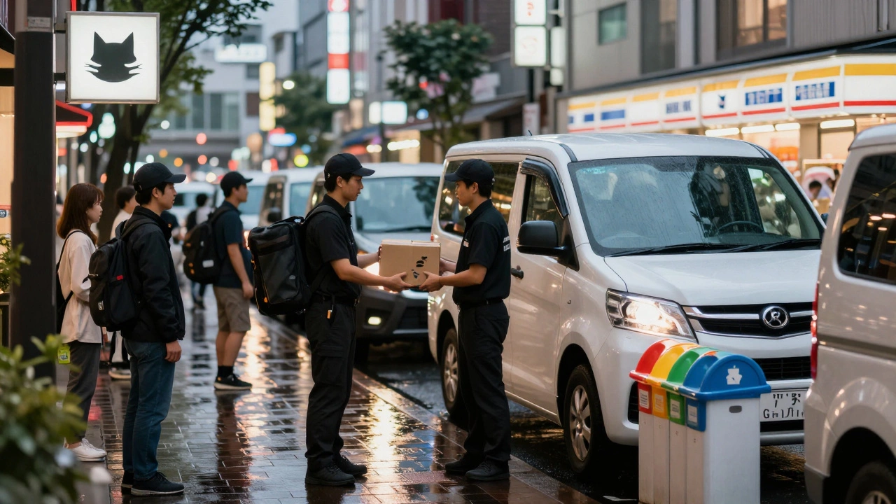 Yamato courier delivering package in Tokyo under black cat logo sign at dusk.