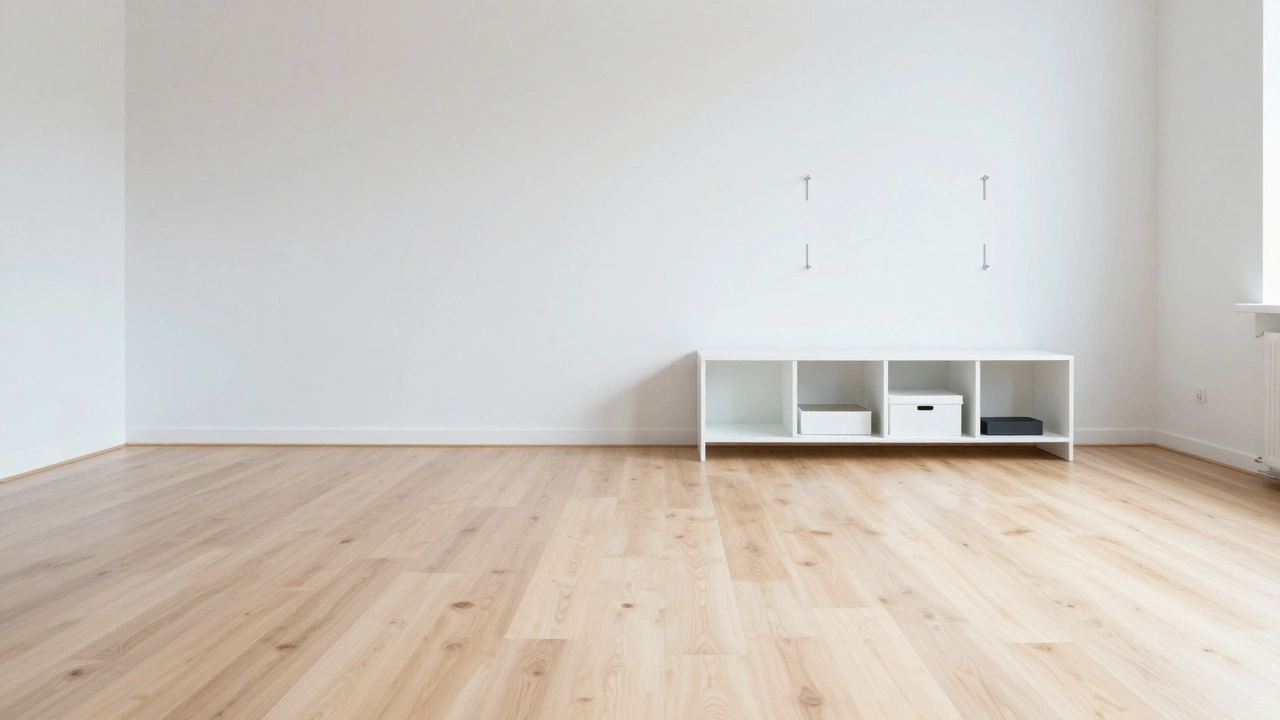 A bright, minimalist living room with a clear floor and organized modular shelving.