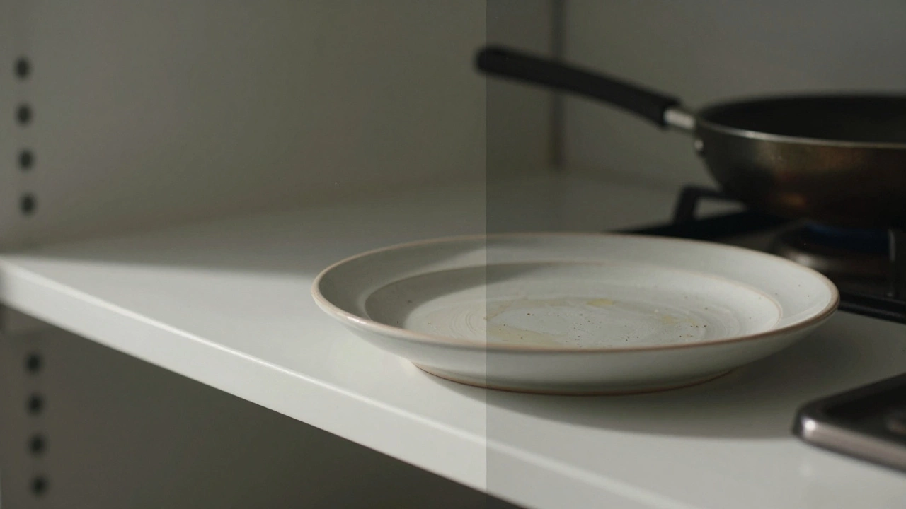 A close-up comparison showing grease and dust buildup on an open kitchen shelf