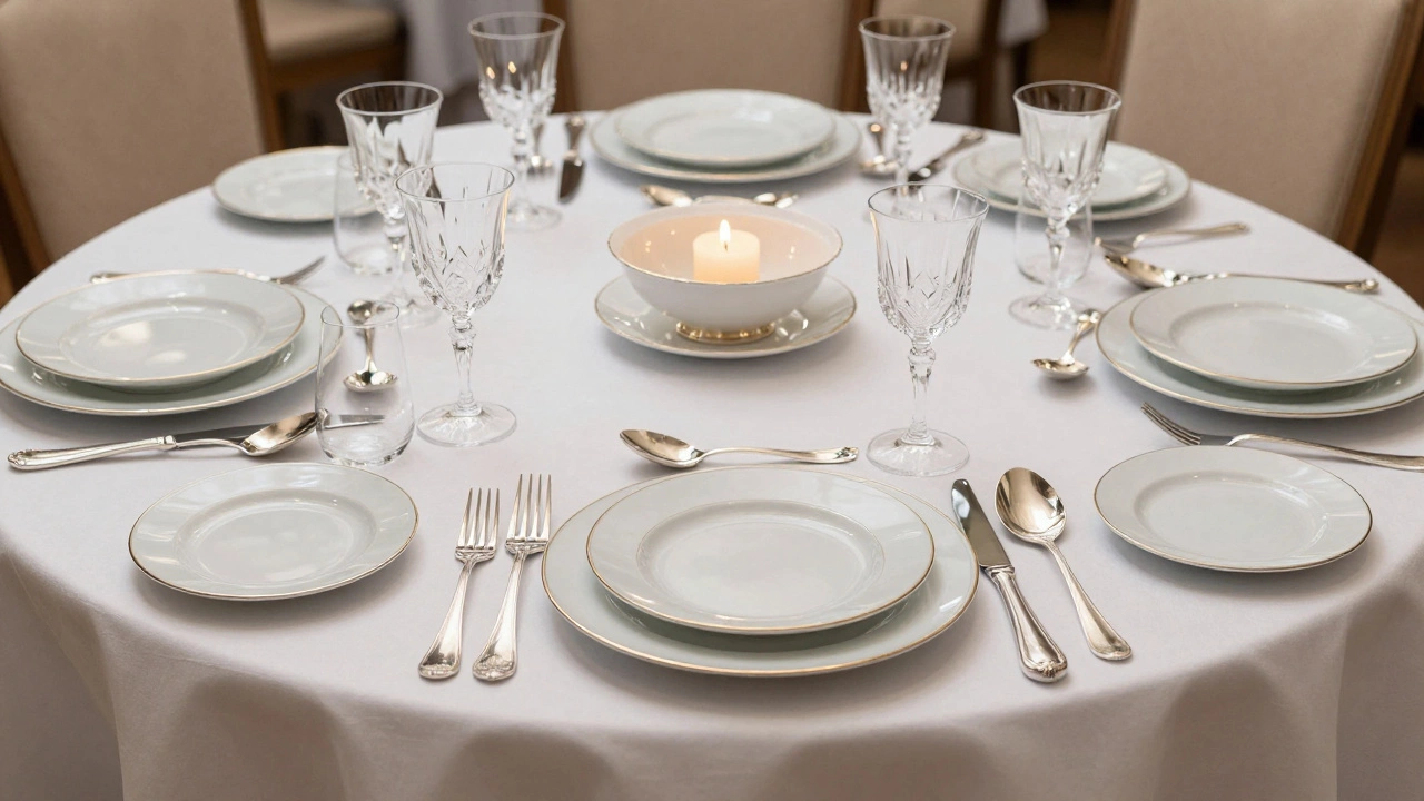 A complete formal table setting with porcelain dinnerware and sterling silver flatware.