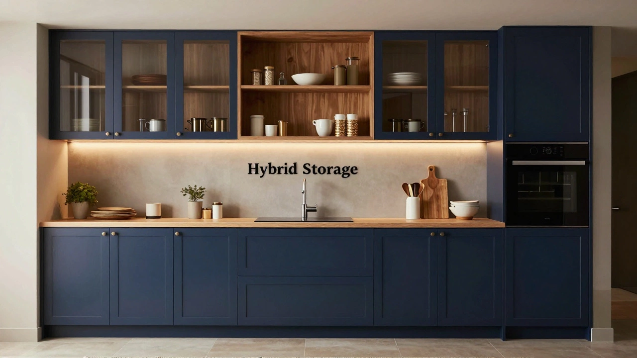 A hybrid kitchen design combining navy blue closed cabinets with glass-front uppers