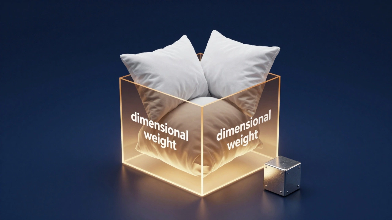 A large box of pillows inside a glowing geometric cube representing dimensional weight