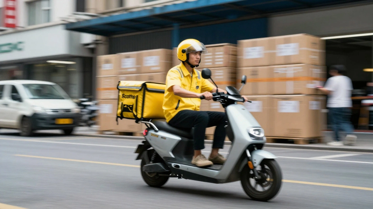 A local courier on a scooter delivering a package quickly through a city street