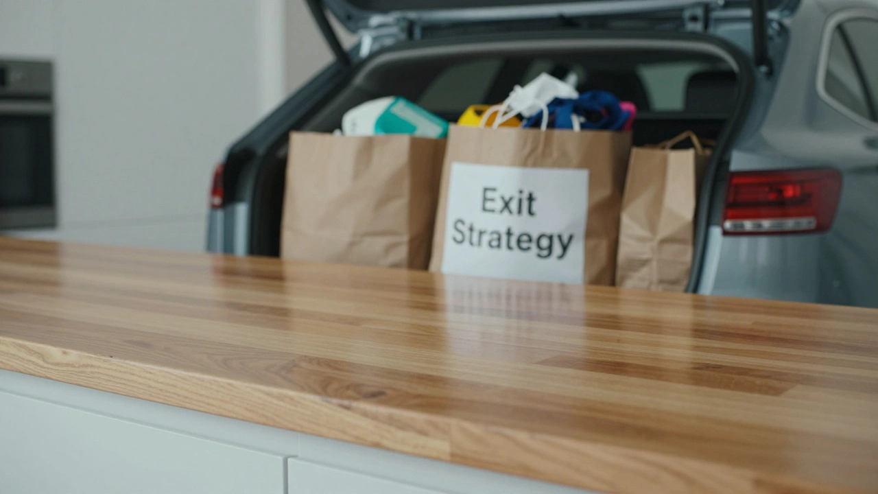A sparkling clean kitchen countertop with donation bags being loaded into a car in the background.