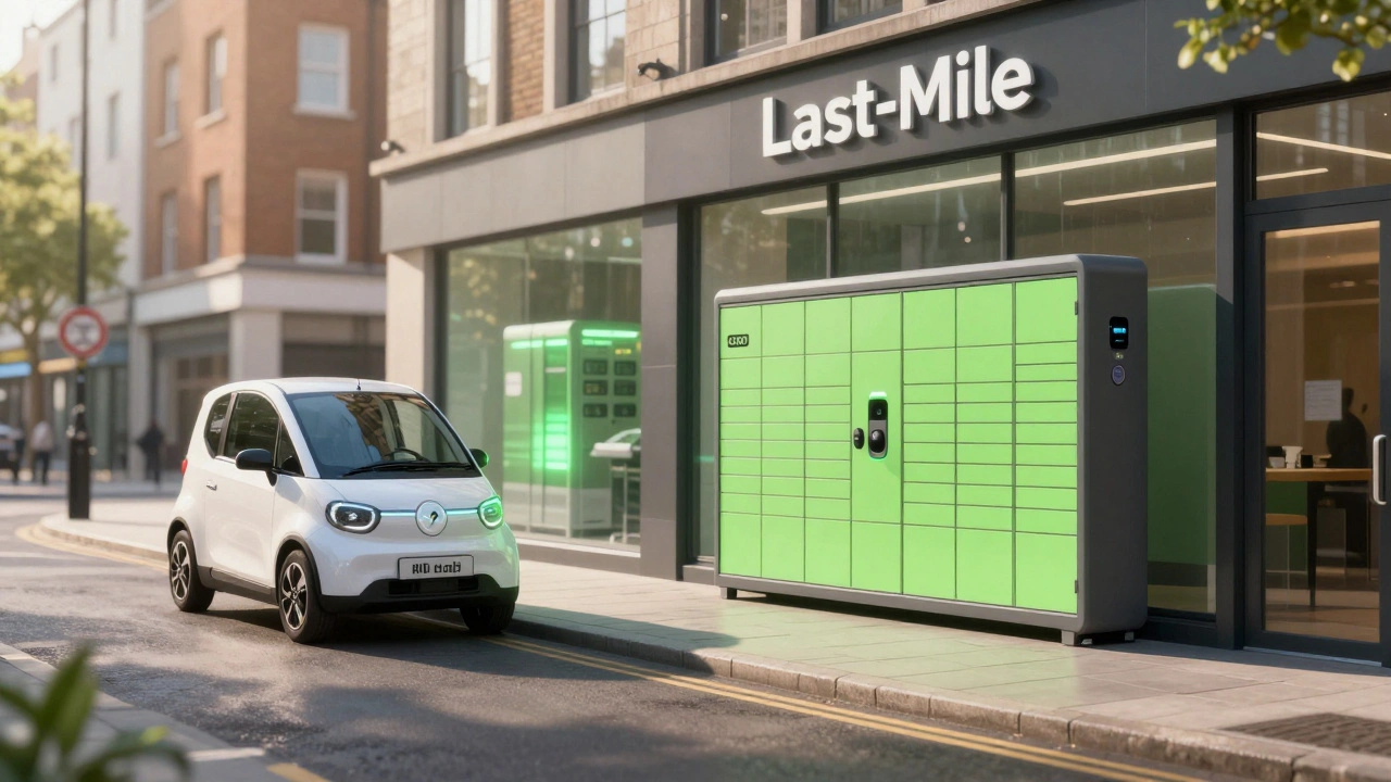 An electric delivery vehicle and a smart parcel locker on a modern, sustainable city street.