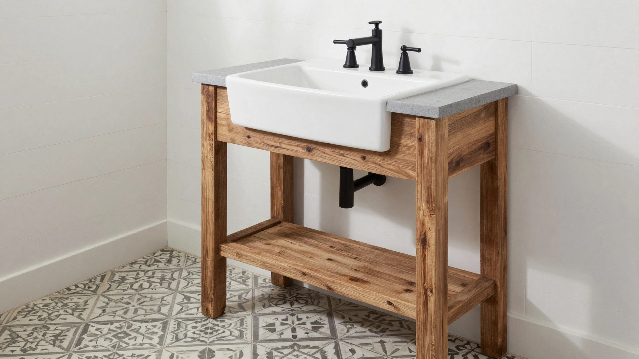 Bathroom featuring a white shiplap wall, patterned cement tiles, and a reclaimed wood vanity with a farmhouse sink.