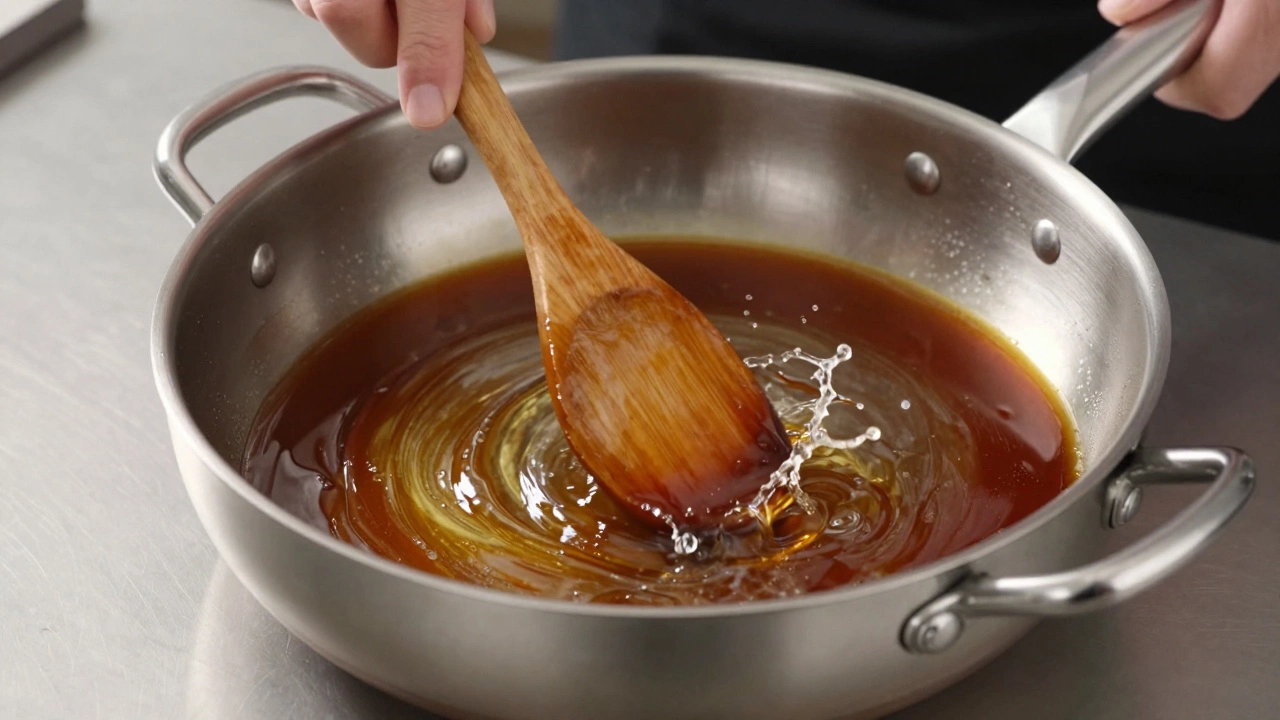 Chef deglazing a professional sautoir pan to create a reduction sauce