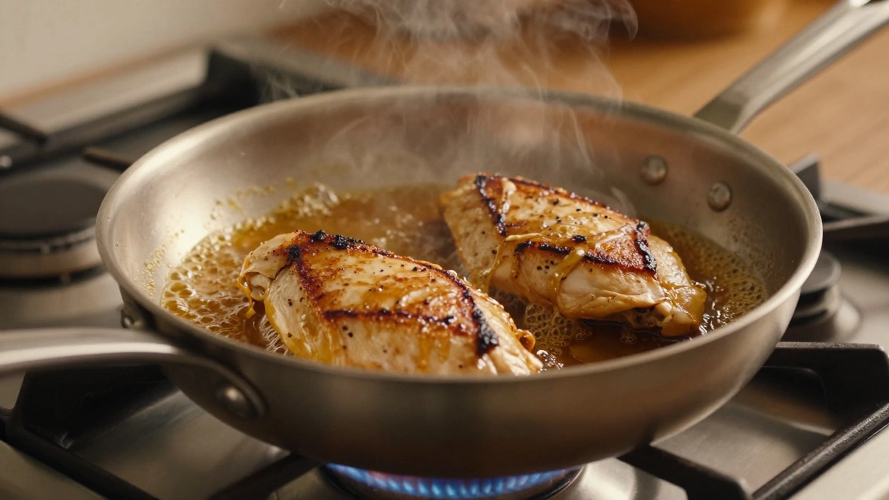 Chicken breasts simmering in sauce inside a stainless steel sauté pan
