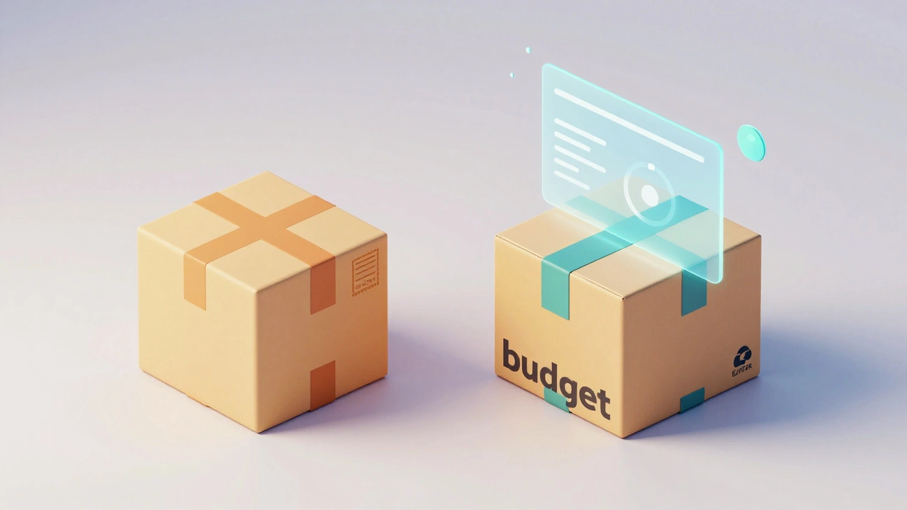 Comparison between a budget stamped parcel and a high-tech express courier package.