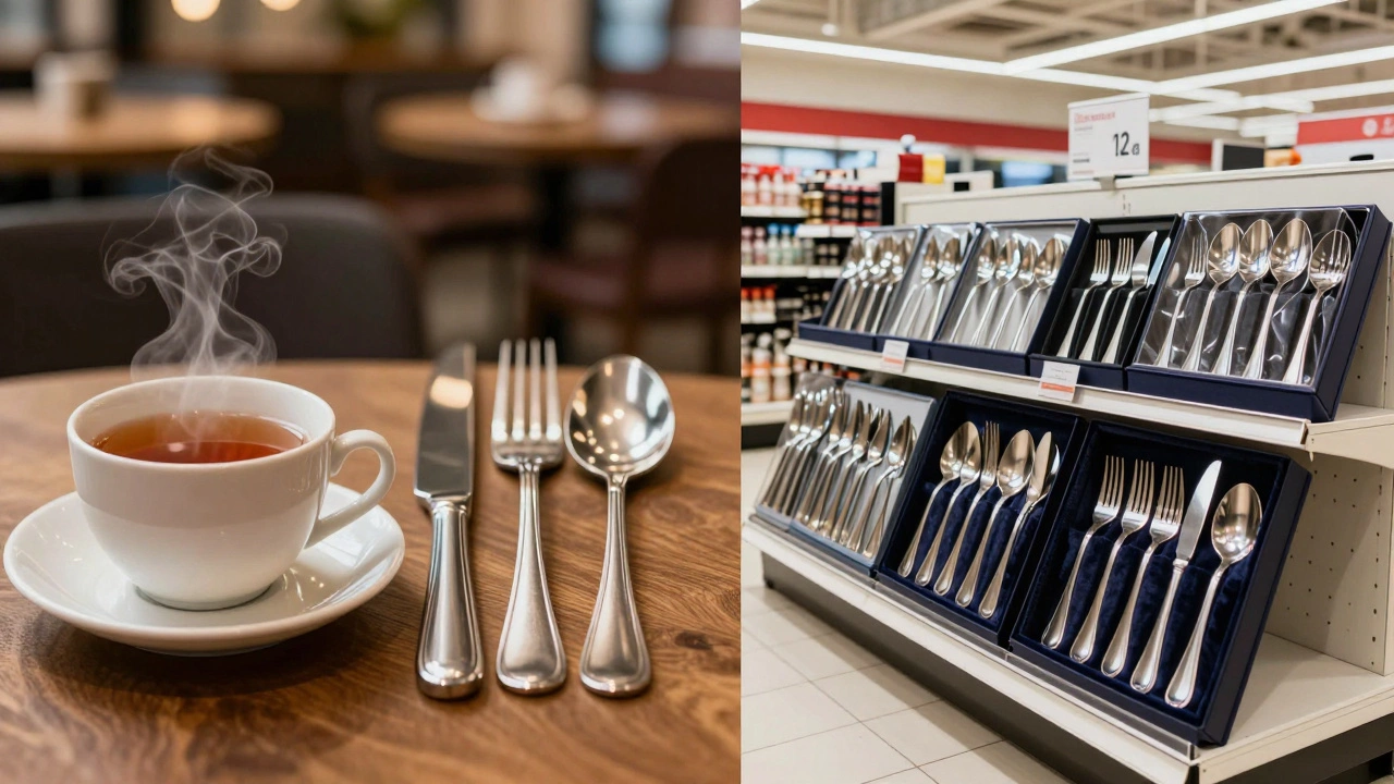 Comparison between a London cafe cutlery setting and a US store flatware display.