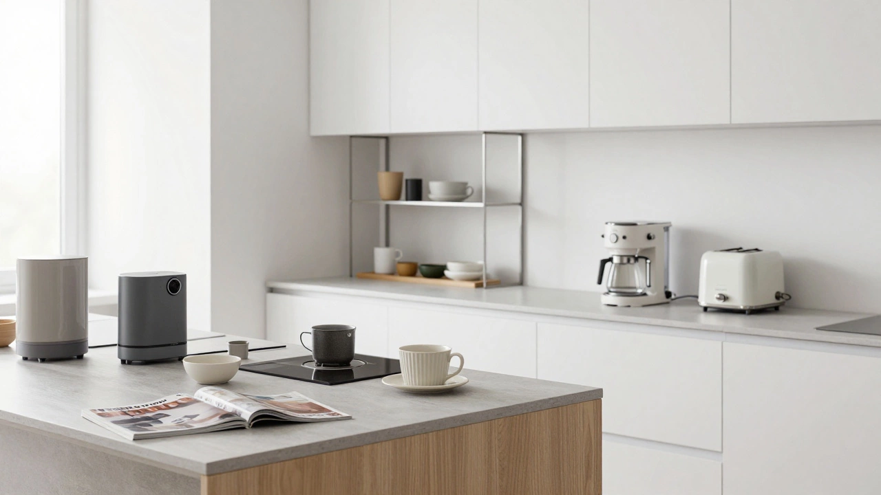 Comparison of a cluttered kitchen counter versus a minimalist, organized workspace.