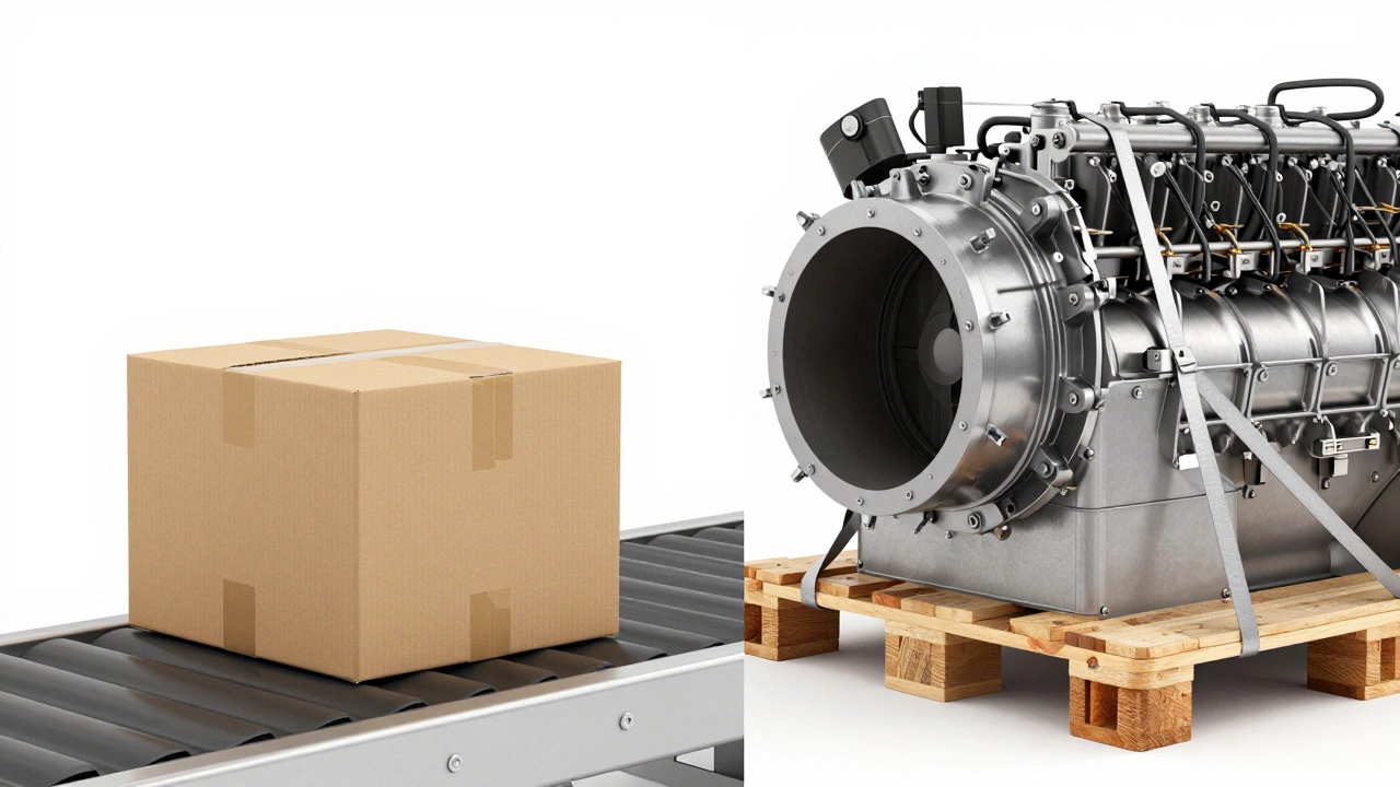 Comparison of a standard cardboard box and a heavy industrial engine on a pallet